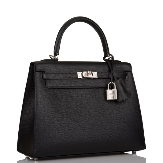 Hermes Kelly Sellier Epsom Palladium Hardware Handbag Black Travel Bag 16