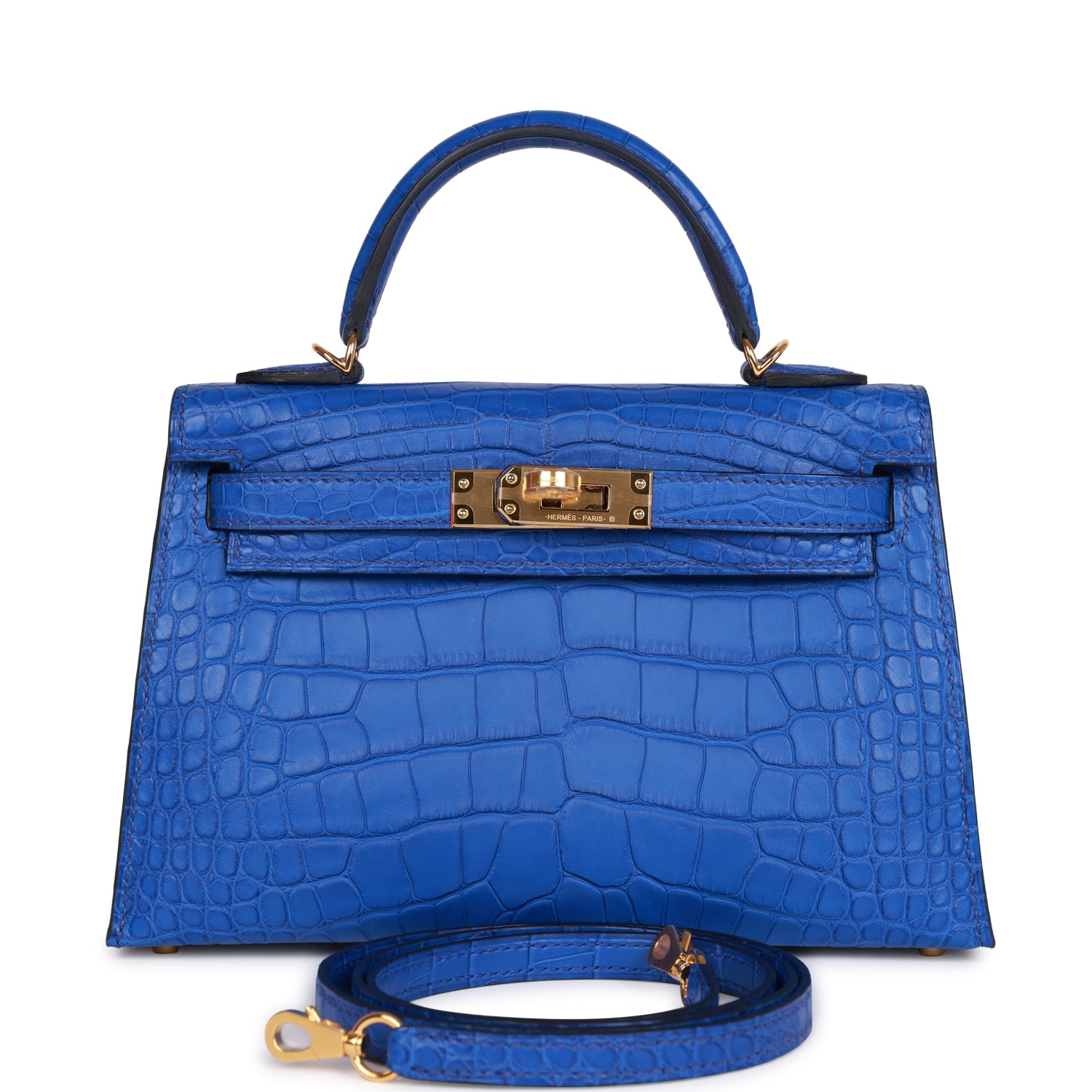 Hermes Kelly Sellier Bleu Royal Matte Alligator Hardware Handbag Gold Travel Bag