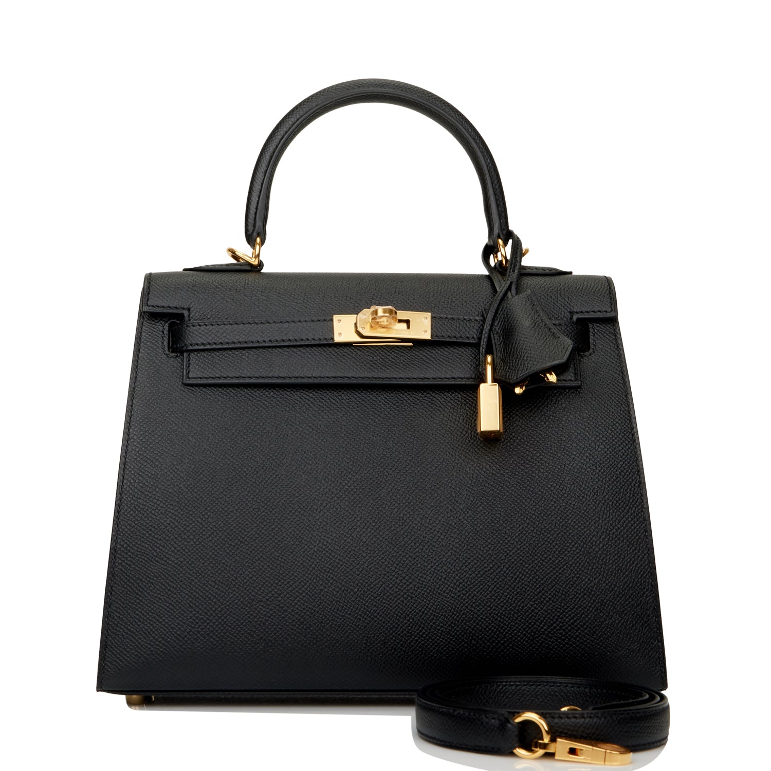 Hermes Kelly Sellier Epsom Hardware Handbag Black Gold Travel Bag 16