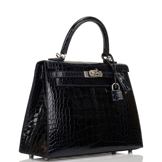 Hermes Kelly Sellier Bleu Marine Verso Shiny Alligator Travel Bag