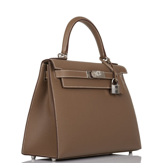 Hermes Kelly Sellier Etoupe Epsom Palladium Hardware Handbag Travel Bag