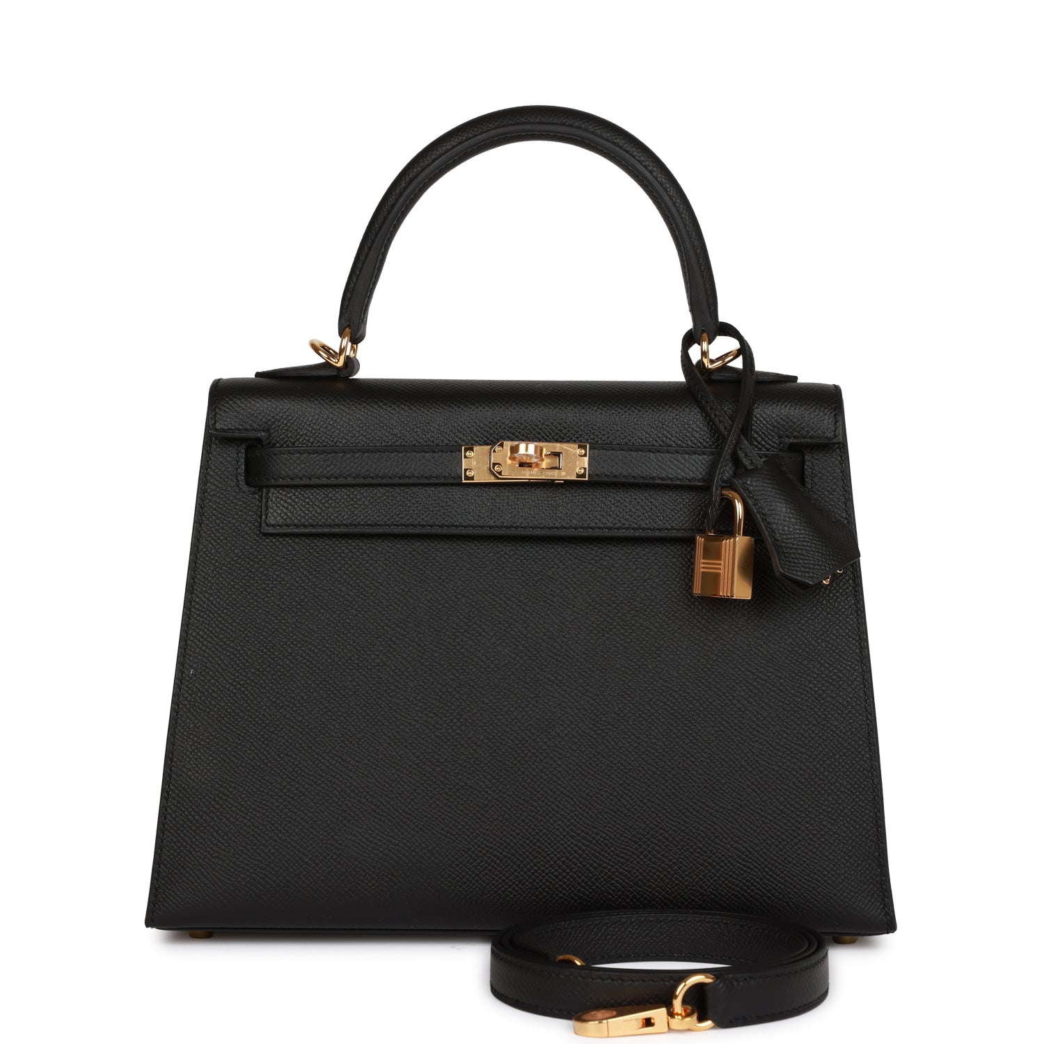 Hermes Kelly Sellier Epsom Hardware Handbag Black Gold Travel Bag 14