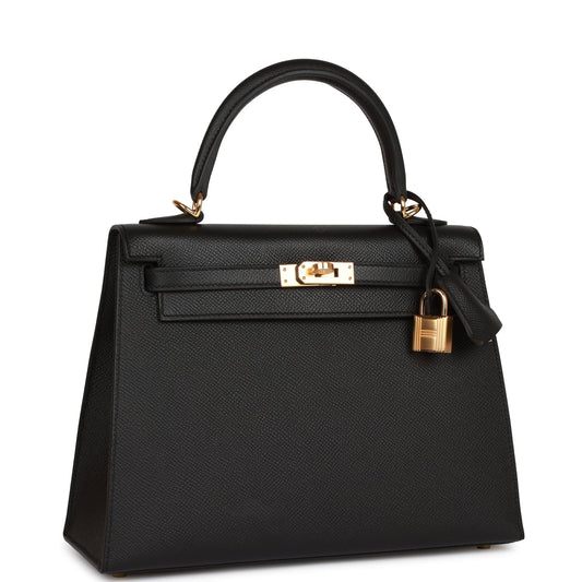 Hermes Kelly Sellier Epsom Hardware Handbag Black Gold Travel Bag 14