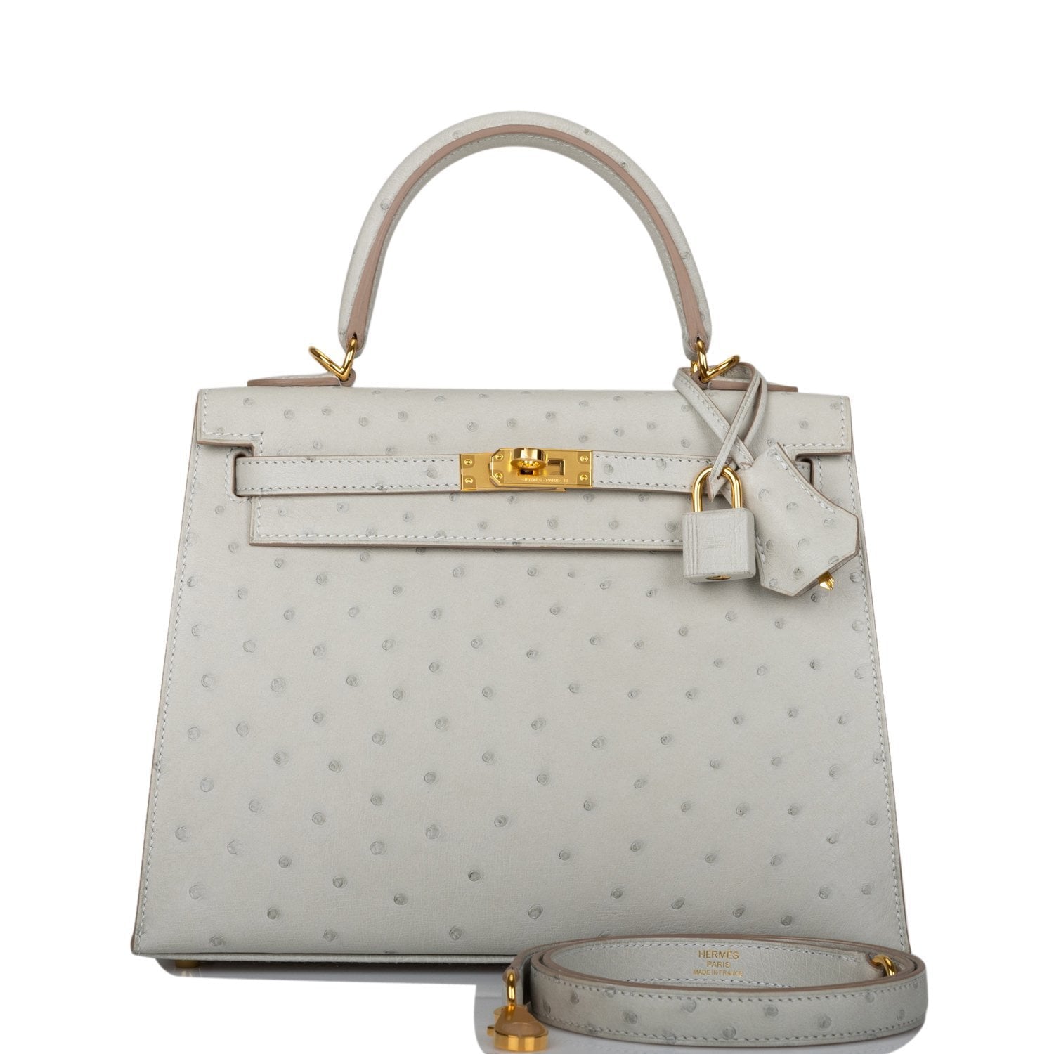 Hermes Kelly Sellier Gris Perle Ostrich Hardware Handbag Gold Travel Bag