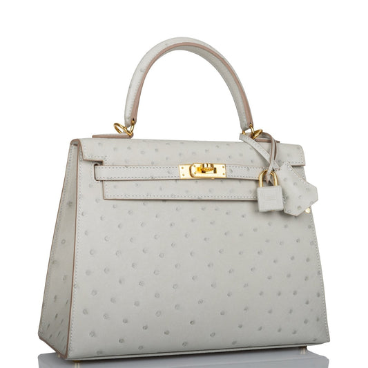 Hermes Kelly Sellier Gris Perle Ostrich Hardware Handbag Gold Travel Bag
