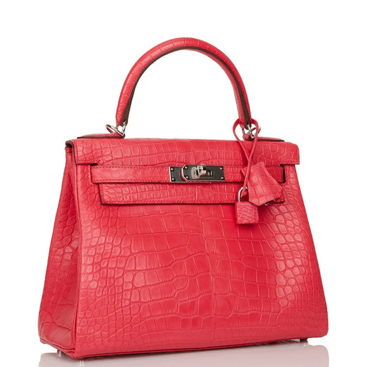 Hermes Kelly Retourne Rose Extreme Matte Alligator Palladium Travel Bag