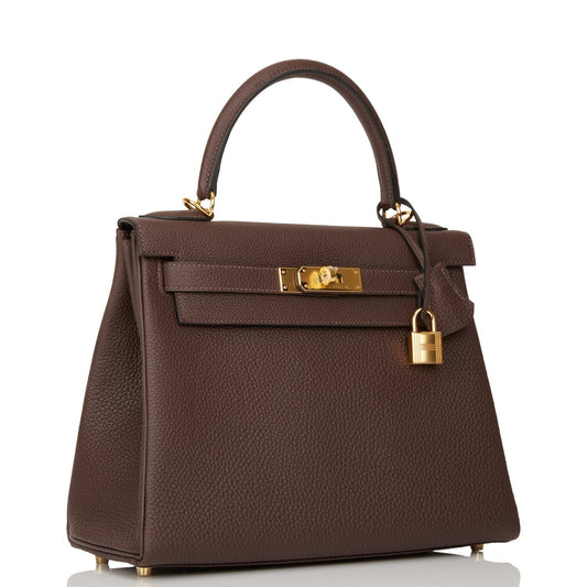 Hermes Kelly Retourne Chocolate Togo Hardware Handbag Gold Travel Bag