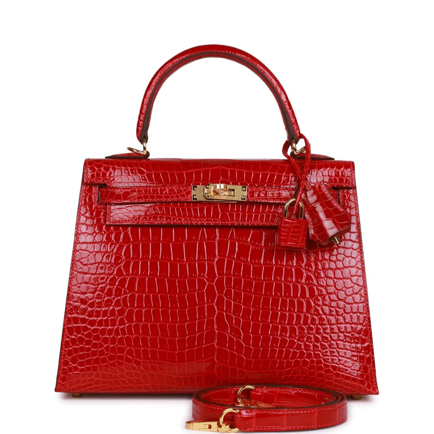 Hermes Kelly Sellier Braise Shiny Porosus Crocodile Hardware Handbag Gold Travel Bag