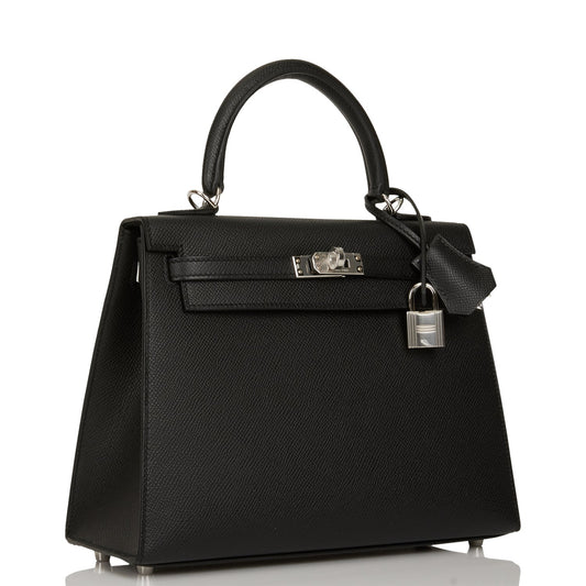 Hermes Kelly Sellier Epsom Palladium Hardware Handbag Black Travel Bag 17