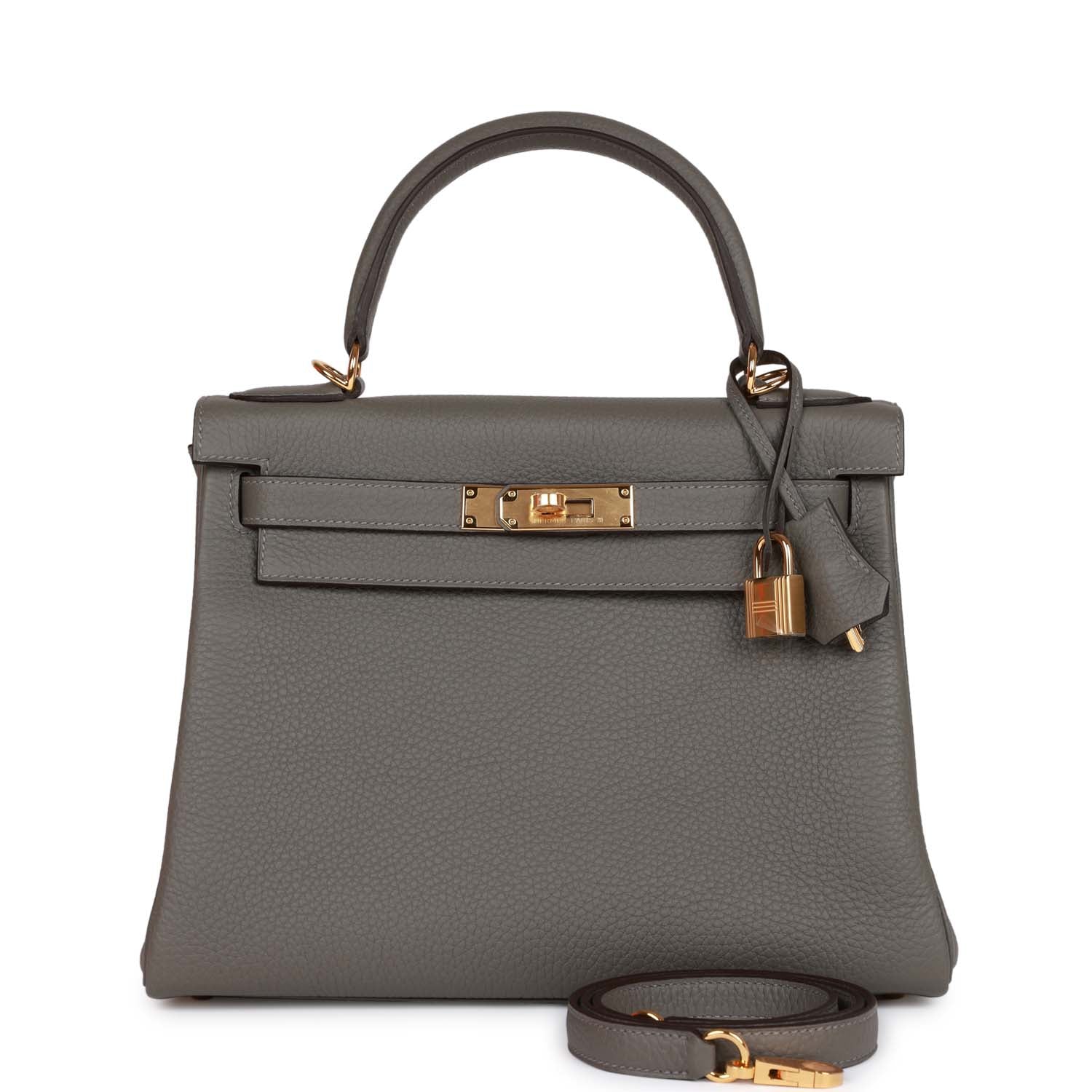 Hermes Kelly Retourne Gris Meyer Clemence Hardware Handbag Gold Travel Bag