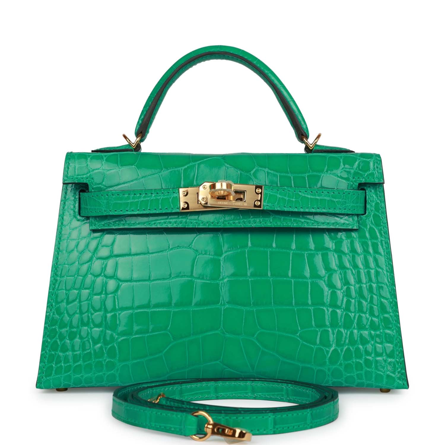 Hermes Kelly Sellier Vert Jade Shiny Alligator Hardware Handbag Gold Travel Bag