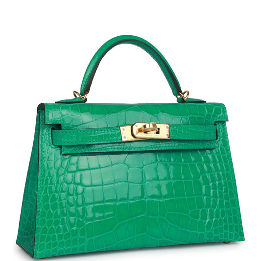 Hermes Kelly Sellier Vert Jade Shiny Alligator Hardware Handbag Gold Travel Bag