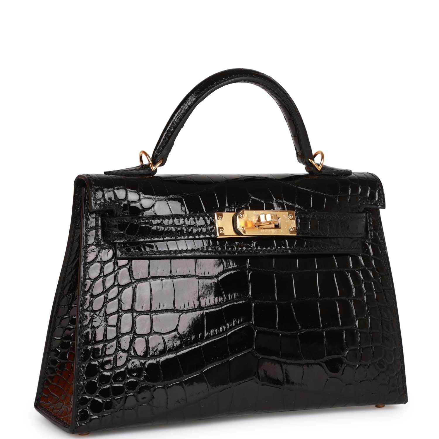 Hermes Kelly Sellier Shiny Alligator Hardware Handbag Black Gold Travel Bag