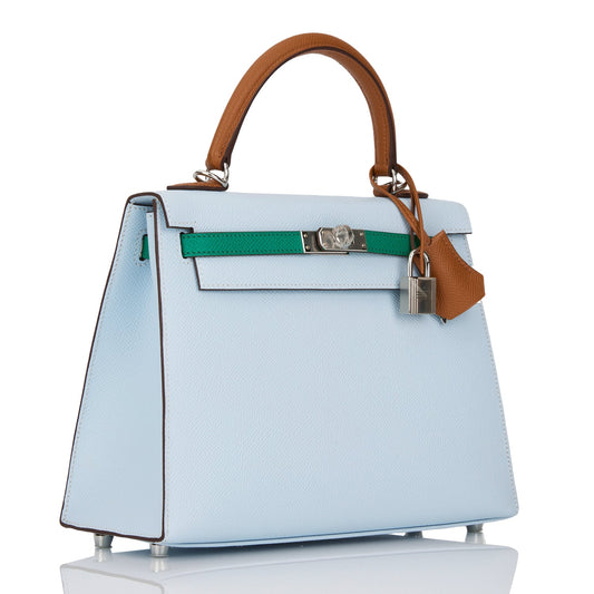 Hermes Kelly Sellier Tri Color Bleu Brume Vert Gold Travel Bag