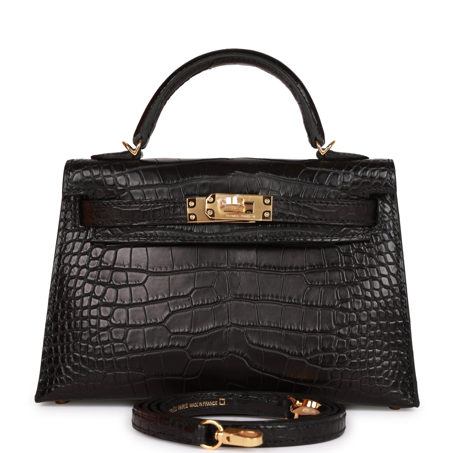 Hermes Kelly Sellier Matte Alligator Hardware Handbag Black Gold Travel Bag