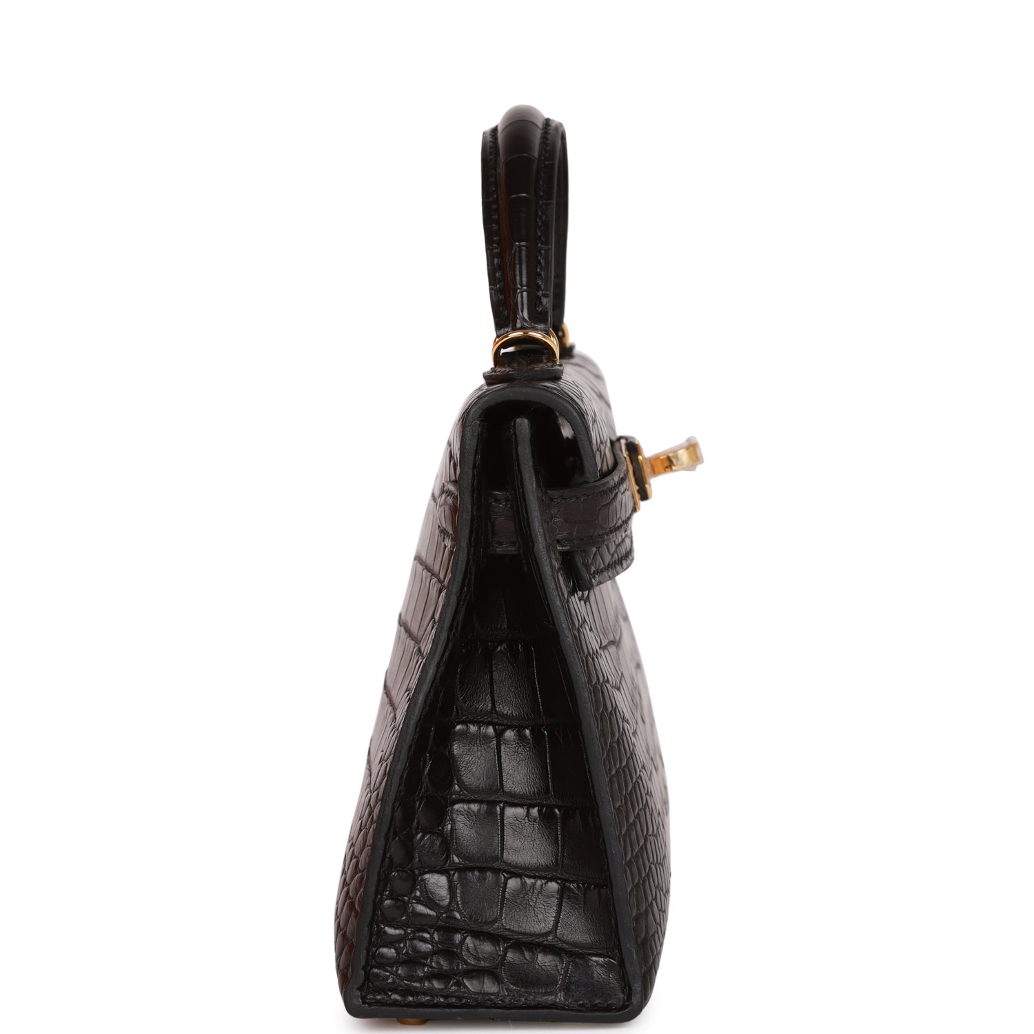 Hermes Kelly Sellier Matte Alligator Hardware Handbag Black Gold Travel Bag