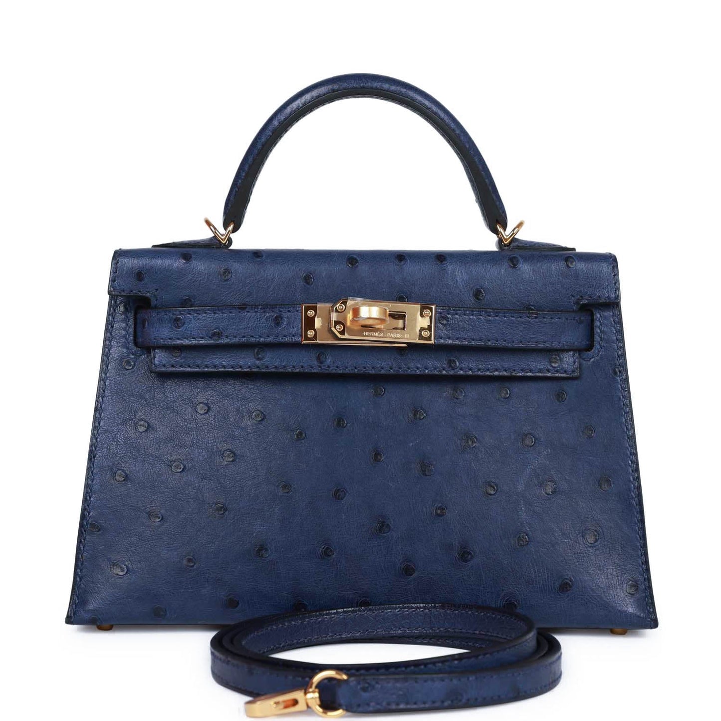 Hermes Kelly Bleu Saphir Ostrich Hardware Handbag Gold Travel Bag