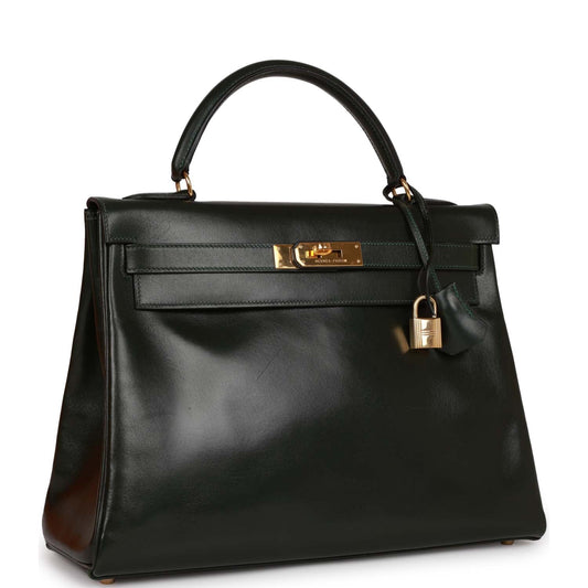 Hermes Kelly Retourne Vert Fonce Box Hardware Handbag Gold Travel Bag