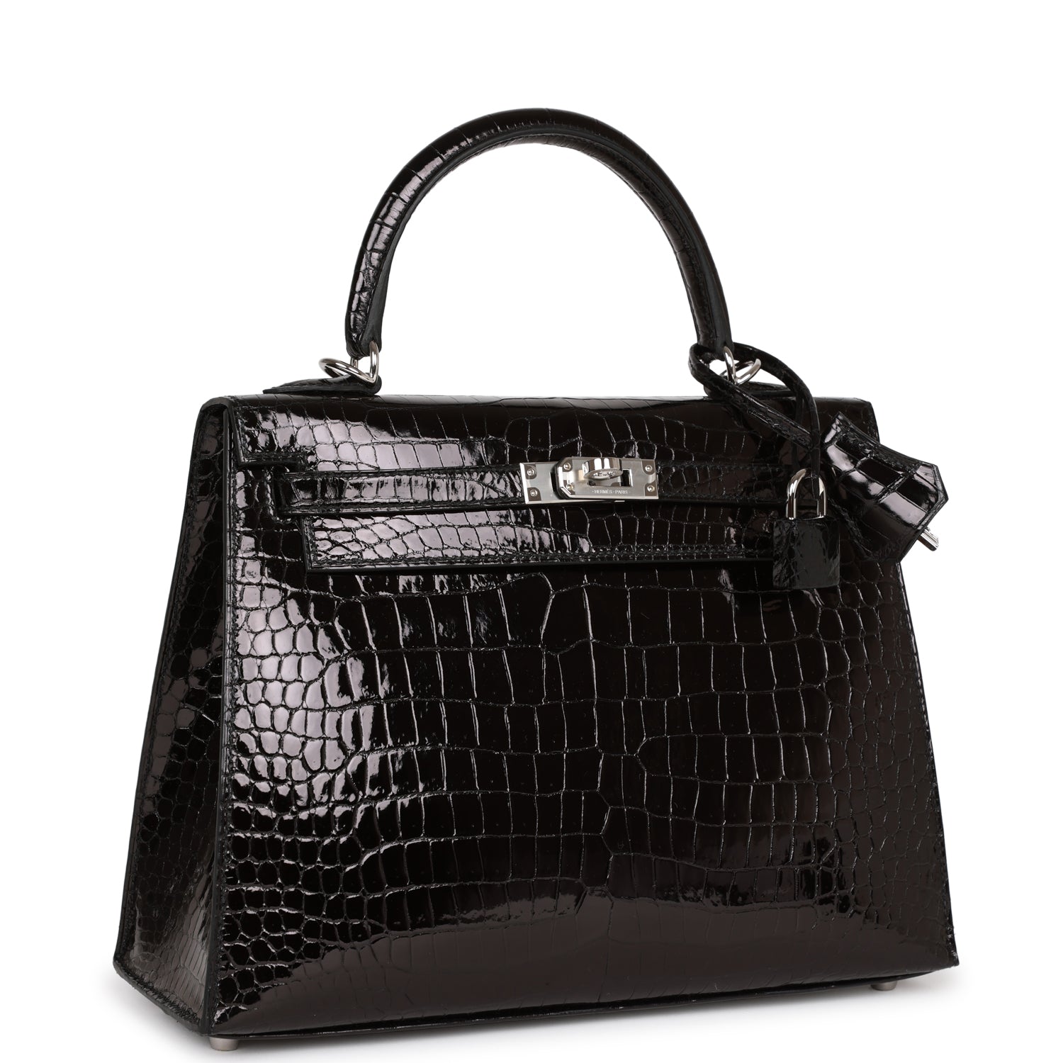 Hermes Kelly Sellier Shiny Porosus Crocodile Palladium Hardware Black Travel Bag