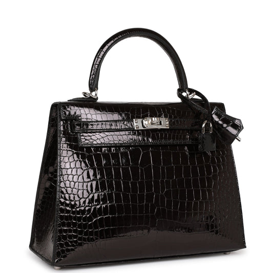 Hermes Kelly Sellier Shiny Porosus Crocodile Palladium Hardware Black Travel Bag