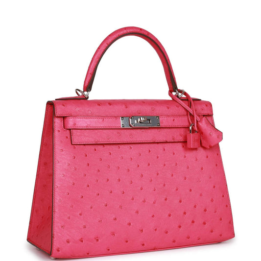 Hermes Kelly Sellier Rose Tyrien Ostrich Palladium Hardware Travel Bag