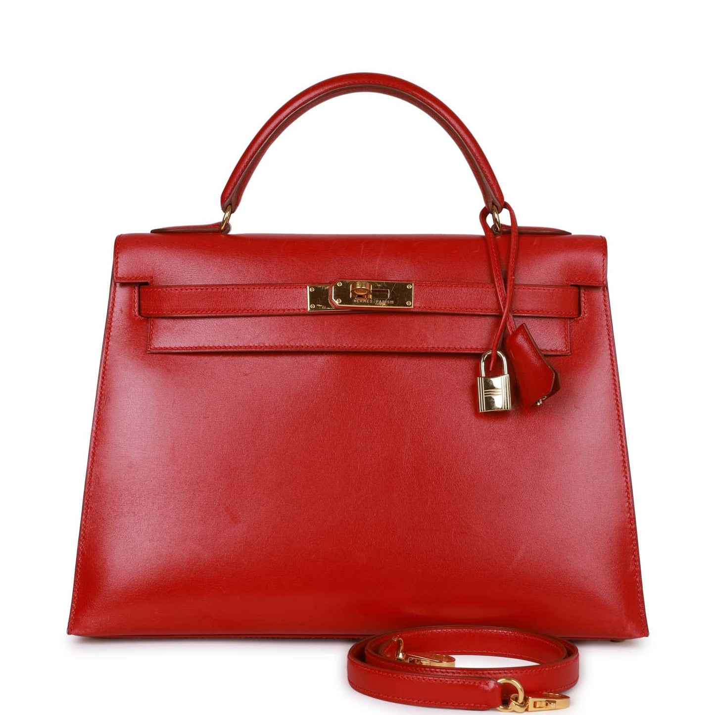 Hermes Kelly Sellier Rouge Vif Box Hardware Handbag Gold Travel Bag