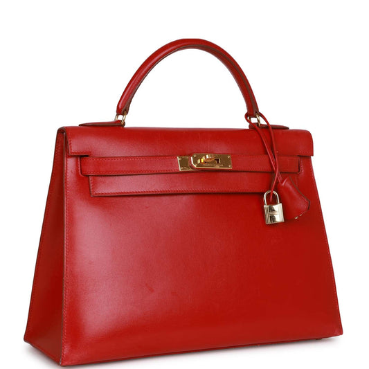 Hermes Kelly Sellier Rouge Vif Box Hardware Handbag Gold Travel Bag