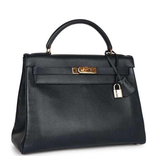 Hermes Kelly Retourne Bleu Marine Courchevel Hardware Handbag Gold Travel Bag