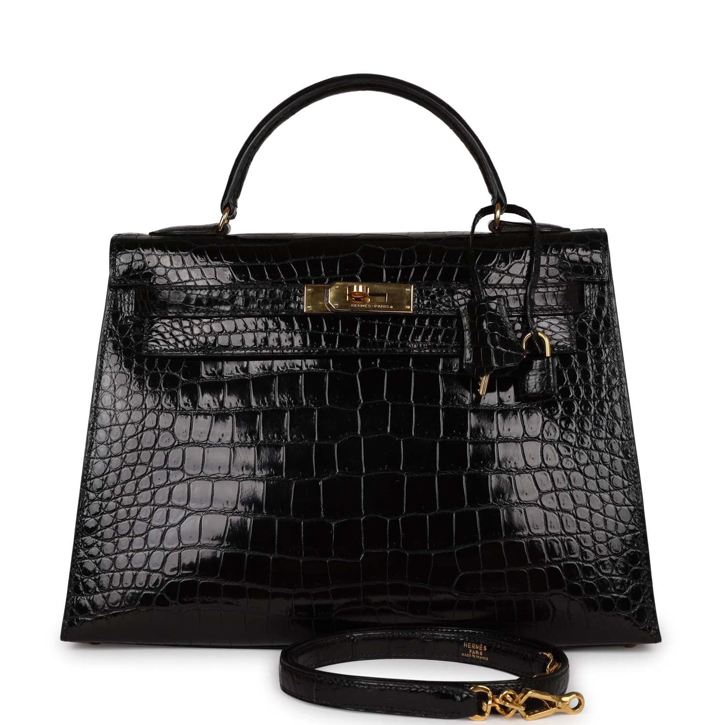 Hermes Kelly Sellier Shiny Niloticus Crocodile Hardware Handbag Black Gold Travel Bag