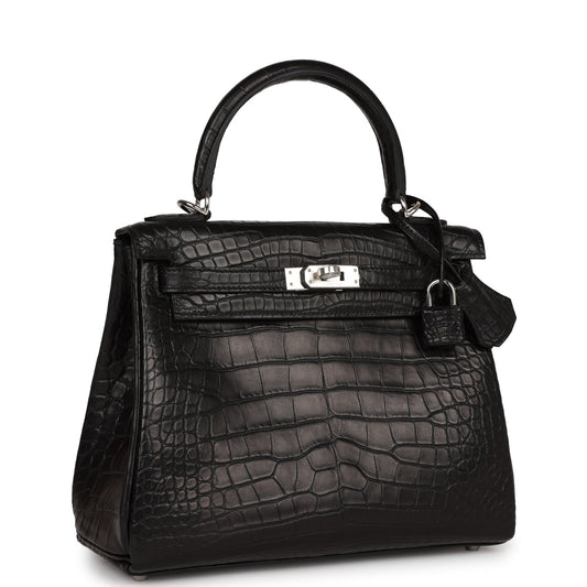 Hermes Kelly Retourne Matte Alligator Palladium Hardware Handbag Black Travel Bag
