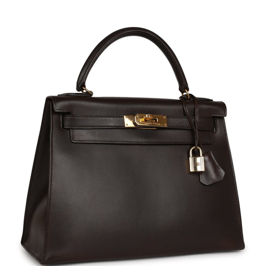 Hermes Luxury Kelly Sellier Chocolate Box Hardware Handbag Gold Travel Bag