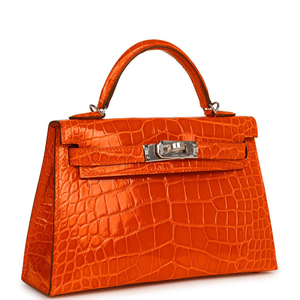 Hermes Kelly Sellier Orange Poppy Shiny Alligator Palladium Travel Bag