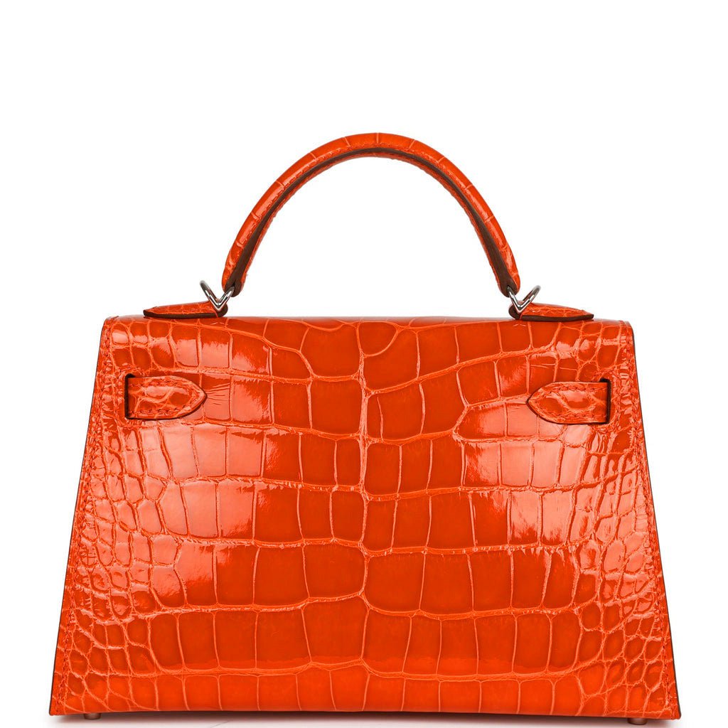 Hermes Kelly Sellier Orange Poppy Shiny Alligator Palladium Travel Bag