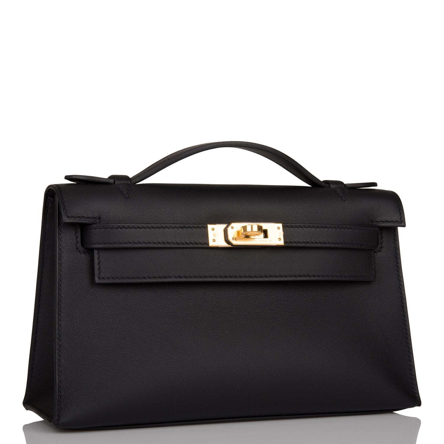Hermes Kelly Pochette Swift Hardware Clutch Bag Black Gold Gold Hardware