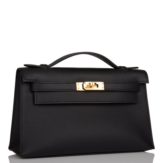 Hermes Kelly Pochette Swift Hardware Clutch Bag Black Gold Gold Hardware