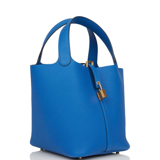 Hermes Picotin Lock Bleu France Clemence Hardware Handbag Gold Travel Bag Gold Hardware