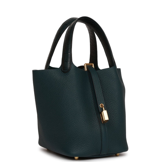 Hermes Picotin Lock Vert Cypress Matte Alligator And Gold Travel Bag Gold Hardware