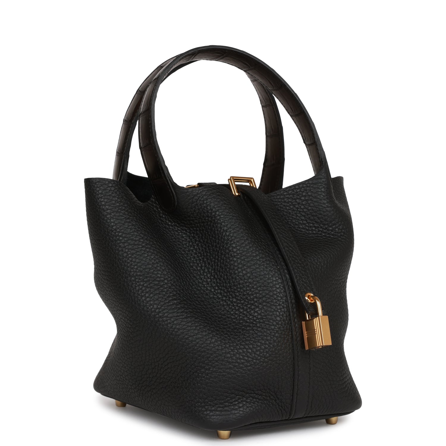Hermes Picotin Lock Matte Alligator And Clemence Touch Black Gold Travel Bag