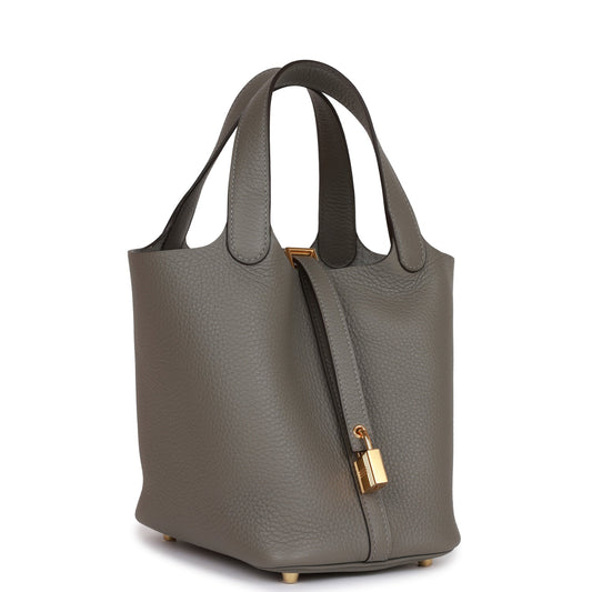 Hermes Picotin Lock Gris Meyer Clemence Hardware Handbag Gold Travel Bag