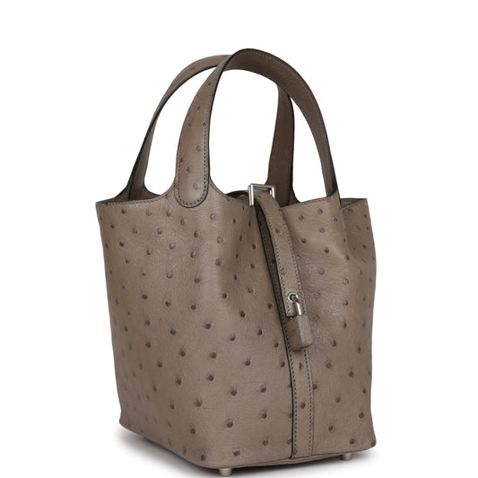 Hermes Picotin Lock Gris Tourterelle Ostrich Palladium Hardware Travel Bag
