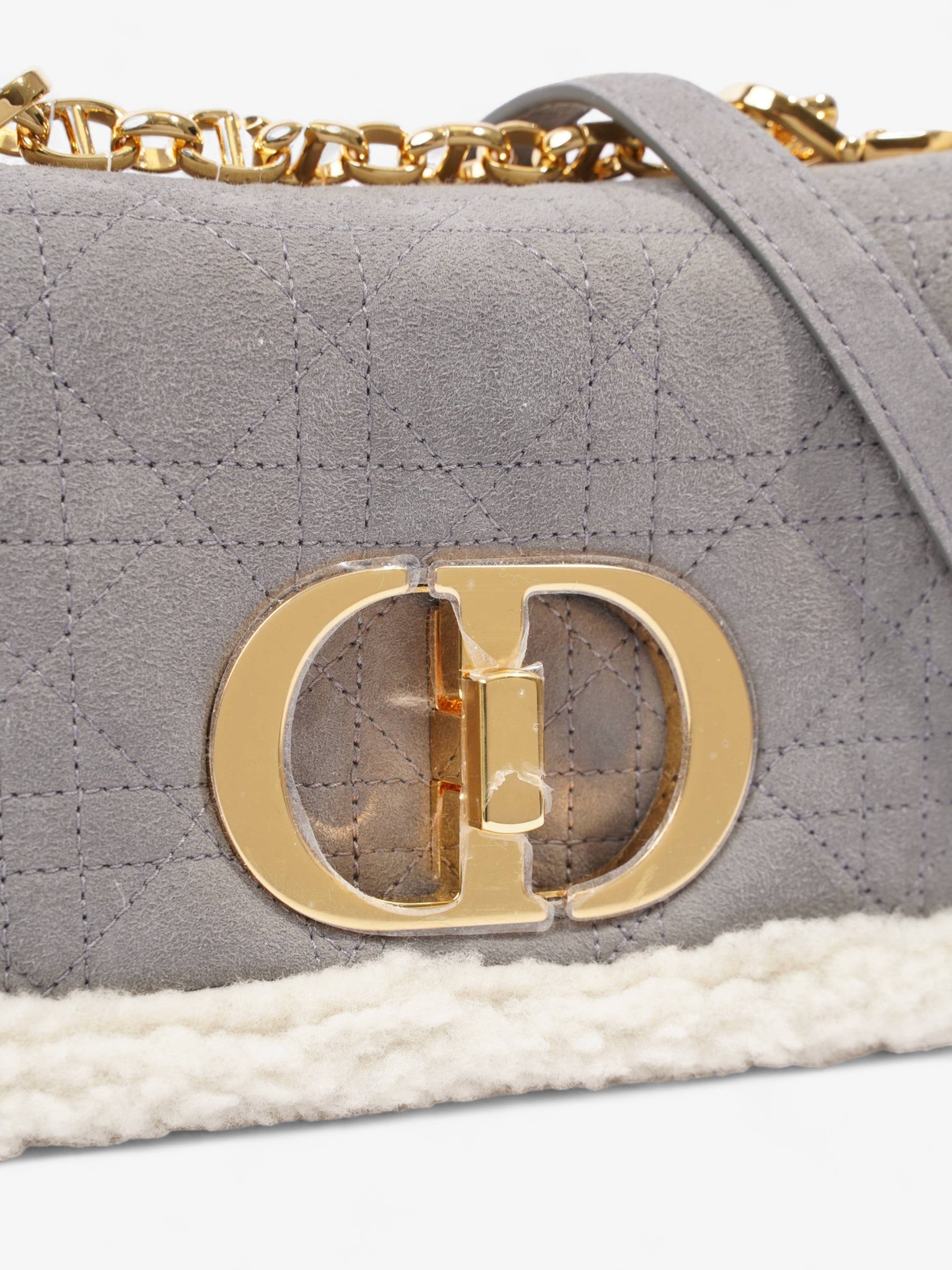 Dior Christian Caro Grey Shearling Crossbody Bag Gray Cream Small