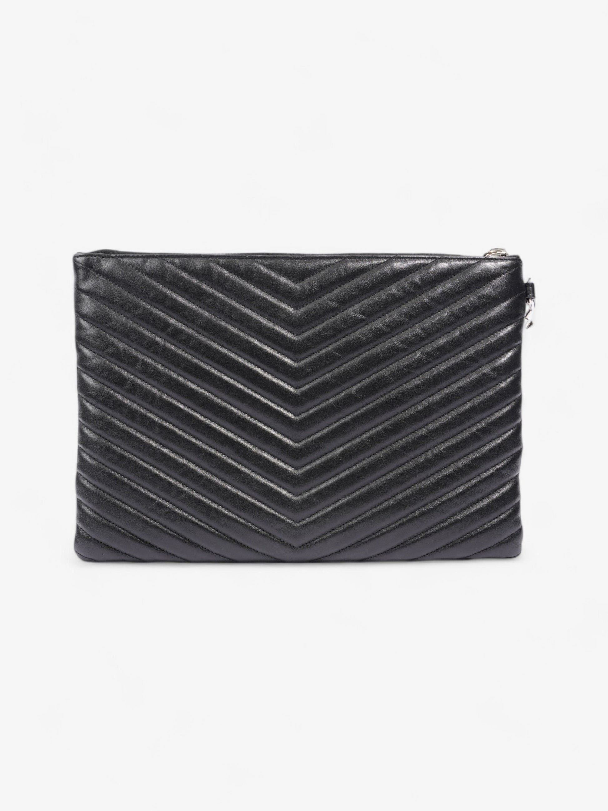 YSL Saint Laurent Cassandre Wristlet Tablet Pouch Clutch Bag Leather Matelasse Black