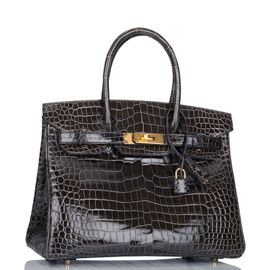Hermes Birkin Graphite Shiny Porosus Crocodile Hardware Handbag Gold Travel Bag Gold Hardware