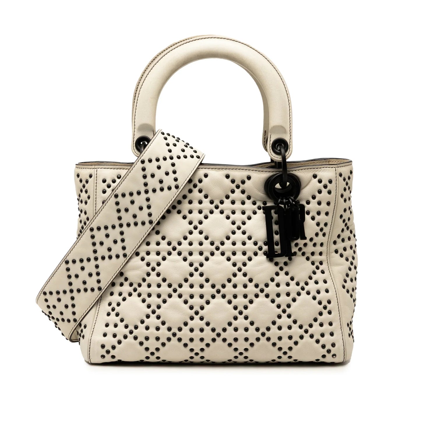 Dior Handbag Cannage Studded Supple Lady Satchel Lambskin White Medium Satchel Bag