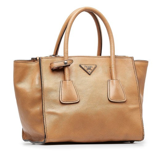 Prada City Calf Double Tote Tan Zip Tote Bag