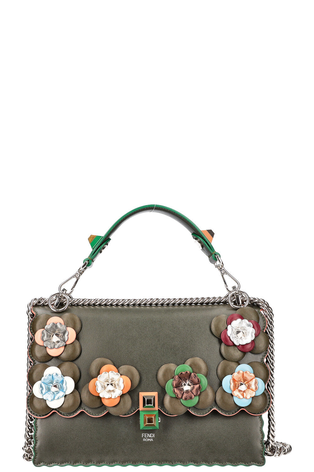 Fendi Flowerland Kan I Bag Embellished Bag Leather Green Handbag