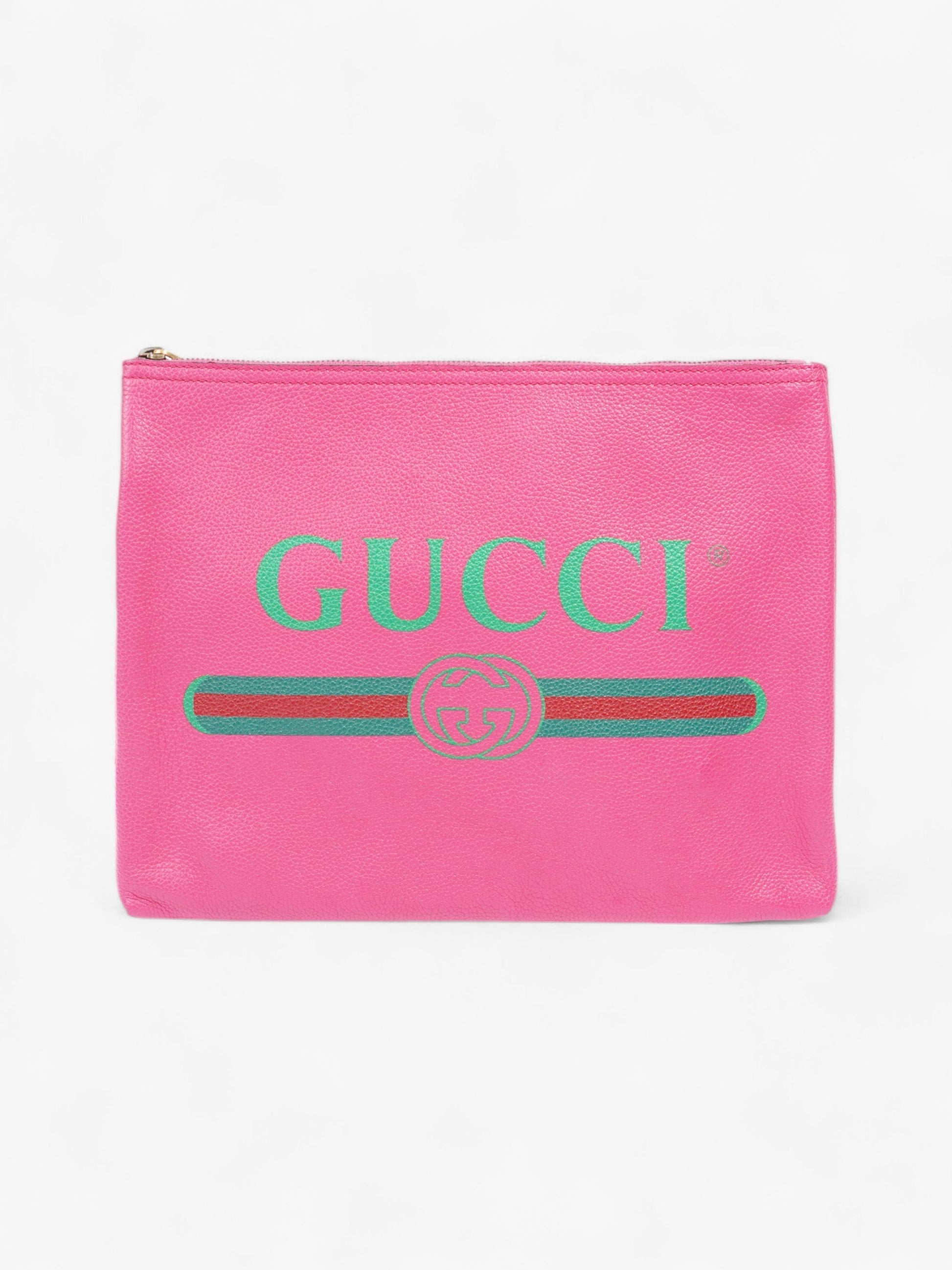 Gucci Logo Clutch Neon Green Grained Leather Red Clutch Bag