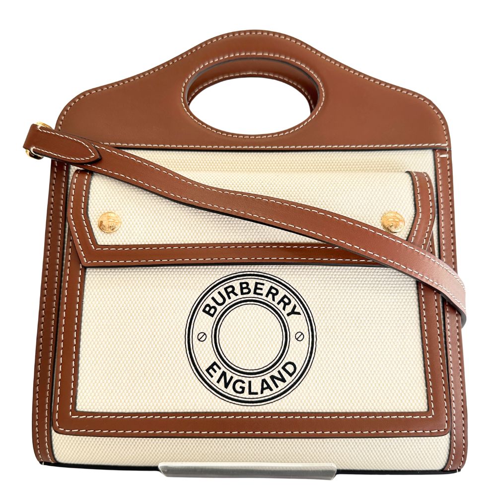 Burberry Calfskin 2Wayshoulder Pocket Bag Women Canvas White Brown Shoulder Bag
