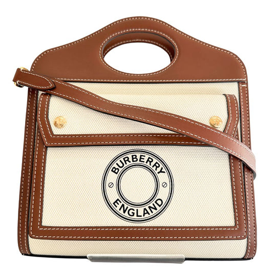 Burberry Calfskin 2Wayshoulder Pocket Bag Women Canvas White Brown Shoulder Bag