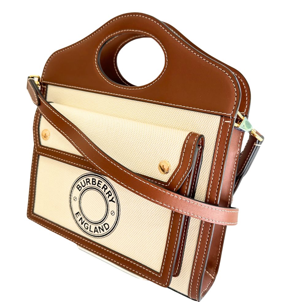 Burberry Calfskin 2Wayshoulder Pocket Bag Women Canvas White Brown Shoulder Bag